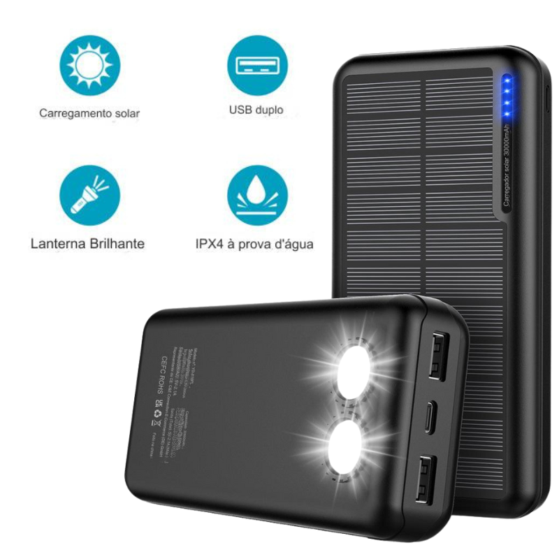 Power Bank energia solar potência carga de 10W - Bateria de  30.000mAh  impermeável com lanterna dupla | Carregador portátil carrega através de energia solar para smartphones, tablet, ipad