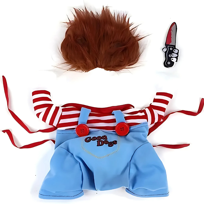 Fantasia de Cachorro Chucky para Halloween - Roupa, Peruca e Faca de Espuma - Divertida e Assustadora