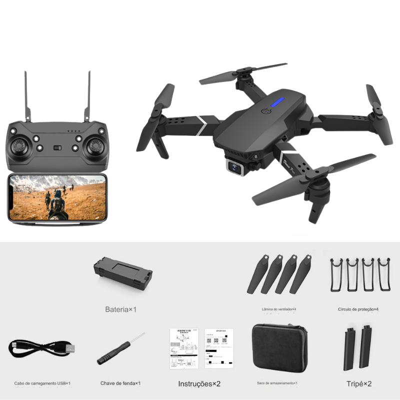 Drone E88 Pro Quadcopter Dobrável com Câmera 4k, 2.4G, WIFI | Aeronave Profissional com Câmera de Alta Definição + Bateria Reserva