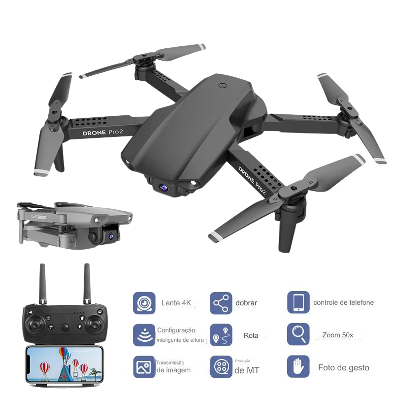 Drone E99 Pro 2 dobrável resolução 4k – Lentes duplas, fotografias e filmagens aérea de alta definição + Bateria reserva