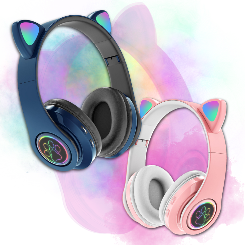 Hedset B39 Cat ear sem fio com redução de ruídos com arco dobrável – Orelha de gato com luzes RGB | Fone sem fio Bluetooth orelha de gato B39 com luzes RGB