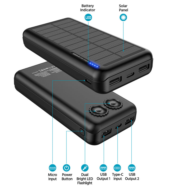 Power Bank energia solar potência carga de 10W - Bateria de  30.000mAh  impermeável com lanterna dupla | Carregador portátil carrega através de energia solar para smartphones, tablet, ipad